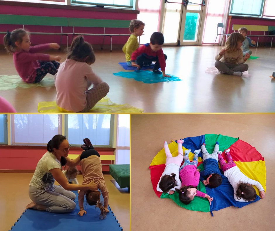Tre immagini di GinnYoga: gioco con fazzoletti colorati, rilassamento su arcobaleno e propedeutica assistita alla verticale.